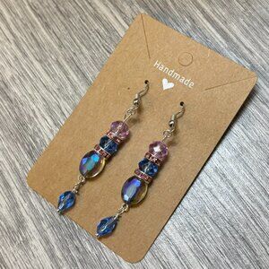 Handmade Pink & Blue Crystal Beaded Dangle Earrings